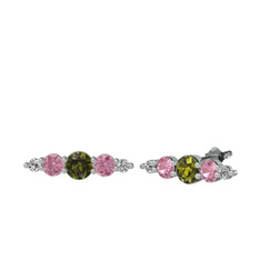 Peridot, pembe kuvars ve beyaz zirkon 14 ayar beyaz altın küpe