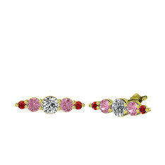 Beyaz zirkon, pembe kuvars ve garnet 925 ayar altın kaplama gümüş küpe