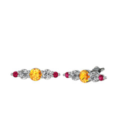 Minimal Atzi Küpe - Sitrin, beyaz zirkon ve rodolit garnet 18 ayar beyaz altın küpe #esxhca