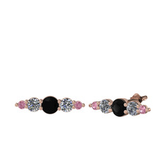 Minimal Atzi Küpe - Siyah zirkon, pırlanta ve pembe kuvars 14 ayar rose altın küpe (0.12 karat) #f5t7kx
