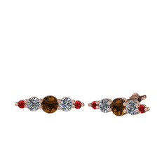 Minimal Atzi Küpe - Dumanlı kuvars, pırlanta ve garnet 18 ayar rose altın küpe (0.12 karat) #fct3ef