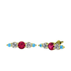 Rodolit garnet, beyaz zirkon ve akuamarin 18 ayar altın küpe