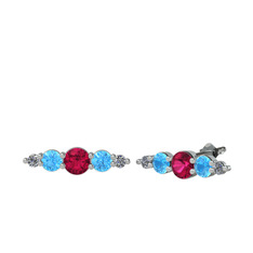 Rodolit garnet, akuamarin ve pırlanta 8 ayar beyaz altın küpe (0.03 karat)