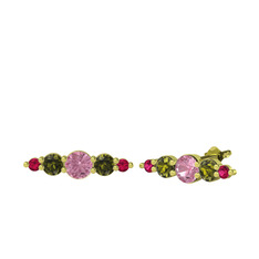 Pembe kuvars, peridot ve rodolit garnet 14 ayar altın küpe