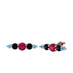Rodolit garnet, siyah zirkon ve akuamarin 8 ayar rose altın küpe