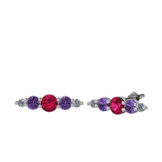 Rodolit garnet, ametist ve pırlanta 14 ayar beyaz altın küpe (0.03 karat)