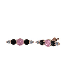Minimal Atzi Küpe - Pembe kuvars, siyah zirkon ve pırlanta 18 ayar rose altın küpe (0.03 karat) #nbfo42
