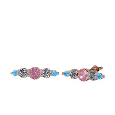 Pembe kuvars, pırlanta ve akuamarin 8 ayar rose altın küpe (0.12 karat)
