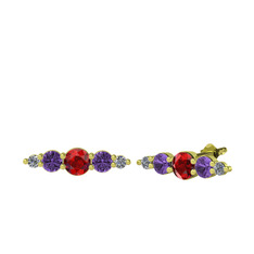 Minimal Atzi Küpe - Garnet, ametist ve pırlanta 14 ayar altın küpe (0.03 karat) #nlmfbe