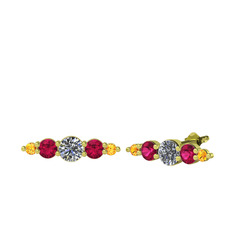 Minimal Atzi Küpe - Pırlanta, rodolit garnet ve sitrin 14 ayar altın küpe (0.32 karat) #ocfx3d