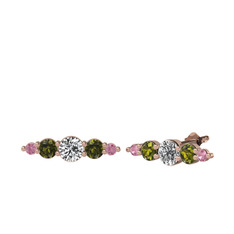 Minimal Atzi Küpe - Beyaz zirkon, peridot ve pembe kuvars 14 ayar rose altın küpe #p03e48