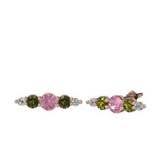 Pembe kuvars, peridot ve swarovski 8 ayar rose altın küpe