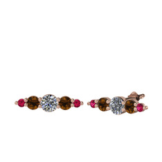 Minimal Atzi Küpe - Pırlanta, dumanlı kuvars ve rodolit garnet 14 ayar rose altın küpe (0.32 karat) #t3adgb