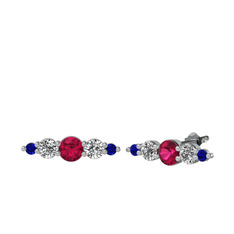 Rodolit garnet, beyaz zirkon ve lab safir 14 ayar beyaz altın küpe