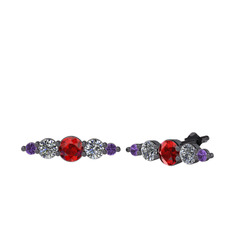 Garnet, pırlanta ve ametist 925 ayar siyah rodyum kaplama gümüş küpe (0.12 karat)