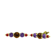 Minimal Atzi Küpe - Dumanlı kuvars, ametist ve garnet 8 ayar altın küpe #we0534