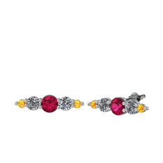 Rodolit garnet, pırlanta ve sitrin 8 ayar beyaz altın küpe (0.12 karat)