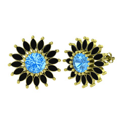 Taşlı Papatya Küpe - Akuamarin ve siyah zirkon 925 ayar altın kaplama gümüş küpe #10i4rgx