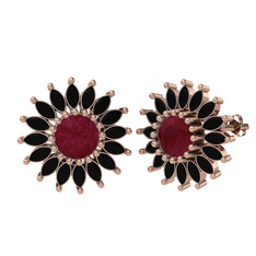 Taşlı Papatya Küpe - Kök yakut ve siyah zirkon 18 ayar rose altın küpe #10r1zln