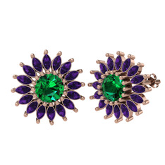 Taşlı Papatya Küpe - Yeşil kuvars ve ametist 925 ayar rose altın kaplama gümüş küpe #10vdvcf