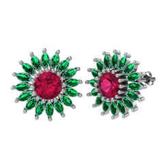 Taşlı Papatya Küpe - Rodolit garnet ve yeşil kuvars 8 ayar beyaz altın küpe #10xtwun