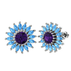 Taşlı Papatya Küpe - Ametist ve akuamarin 14 ayar beyaz altın küpe #11jpobo