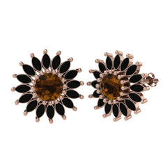 Taşlı Papatya Küpe - Dumanlı kuvars ve siyah zirkon 18 ayar rose altın küpe #11n3ako