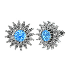 Taşlı Papatya Küpe - Akuamarin ve swarovski 14 ayar beyaz altın küpe #128gngy