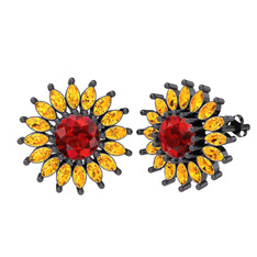 Taşlı Papatya Küpe - Garnet ve sitrin 925 ayar siyah rodyum kaplama gümüş küpe #137dzdd