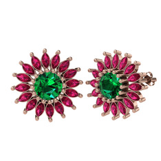 Taşlı Papatya Küpe - Yeşil kuvars ve rodolit garnet 14 ayar rose altın küpe #13azgnp