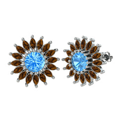 Taşlı Papatya Küpe - Akuamarin ve dumanlı kuvars 14 ayar beyaz altın küpe #13pr8wi