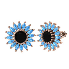 Taşlı Papatya Küpe - Siyah zirkon ve akuamarin 925 ayar rose altın kaplama gümüş küpe #13zddw6