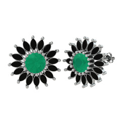 Taşlı Papatya Küpe - Kök zümrüt ve siyah zirkon 18 ayar beyaz altın küpe #142xbyh