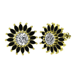 Taşlı Papatya Küpe - Swarovski ve siyah zirkon 14 ayar altın küpe #15a06hv