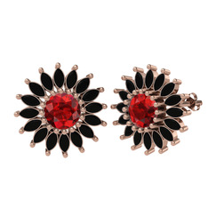 Taşlı Papatya Küpe - Garnet ve siyah zirkon 925 ayar rose altın kaplama gümüş küpe #161vter
