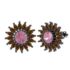 Taşlı Papatya Küpe - Pembe kuvars ve dumanlı kuvars 925 ayar siyah rodyum kaplama gümüş küpe #16neko8