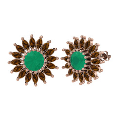 Taşlı Papatya Küpe - Kök zümrüt ve dumanlı kuvars 925 ayar rose altın kaplama gümüş küpe #177c177