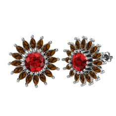 Taşlı Papatya Küpe - Garnet ve dumanlı kuvars 18 ayar beyaz altın küpe #17daiyh