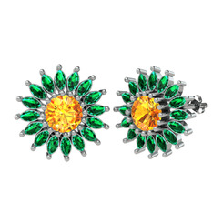 Sitrin ve yeşil kuvars 18 ayar beyaz altın küpe