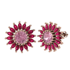 Taşlı Papatya Küpe - Pembe kuvars ve rodolit garnet 925 ayar rose altın kaplama gümüş küpe #18trlm0