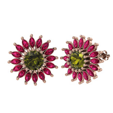 Taşlı Papatya Küpe - Peridot ve rodolit garnet 8 ayar rose altın küpe #194menq