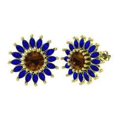 Taşlı Papatya Küpe - Dumanlı kuvars ve lab safir 14 ayar altın küpe #19b45lm