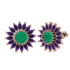 Kök zümrüt ve ametist 18 ayar rose altın küpe