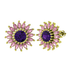 Taşlı Papatya Küpe - Ametist ve pembe kuvars 14 ayar altın küpe #19qs033