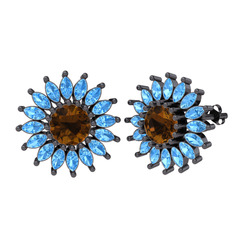 Taşlı Papatya Küpe - Dumanlı kuvars ve akuamarin 925 ayar siyah rodyum kaplama gümüş küpe #19yyqgb