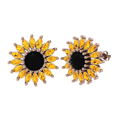 Taşlı Papatya Küpe - Siyah zirkon ve sitrin 18 ayar rose altın küpe #1auqzpj