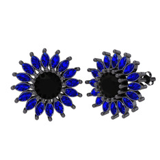 Taşlı Papatya Küpe - Siyah zirkon ve lab safir 925 ayar siyah rodyum kaplama gümüş küpe #1b4i9kf