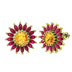 Taşlı Papatya Küpe - Sitrin ve rodolit garnet 14 ayar altın küpe #1be41hx