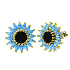 Taşlı Papatya Küpe - Siyah zirkon ve akuamarin 14 ayar altın küpe #1cm0fku