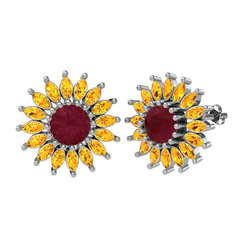 Taşlı Papatya Küpe - Kök yakut ve sitrin 925 ayar gümüş küpe #1cmty43